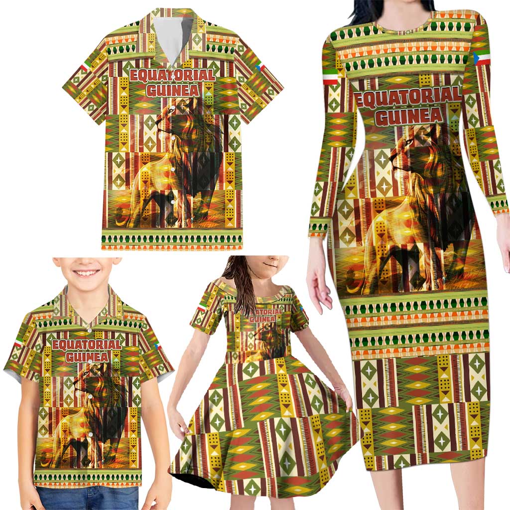 Equatorial Guinea Family Matching Long Sleeve Bodycon Dress and Hawaiian Shirt with Lion Print and Traditional African Kente Patterns