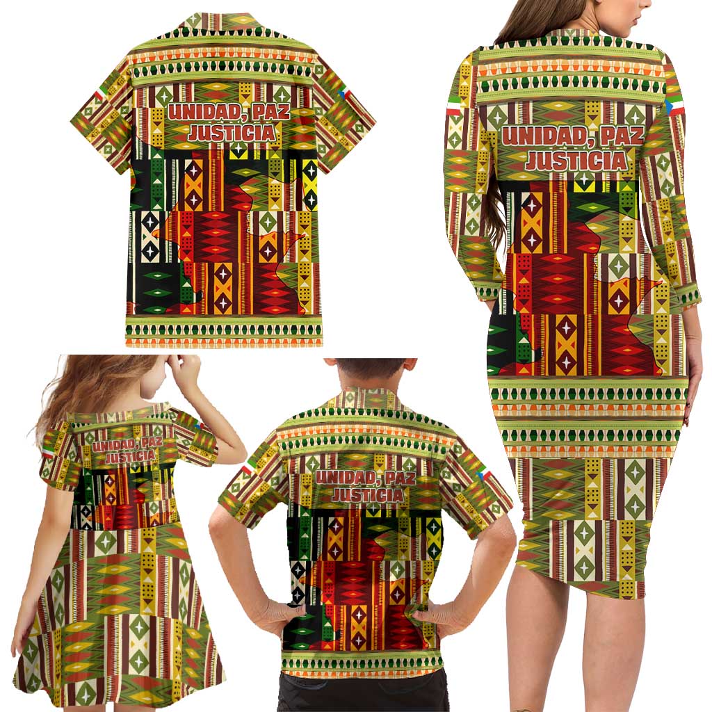 Equatorial Guinea Family Matching Long Sleeve Bodycon Dress and Hawaiian Shirt with Lion Print and Traditional African Kente Patterns