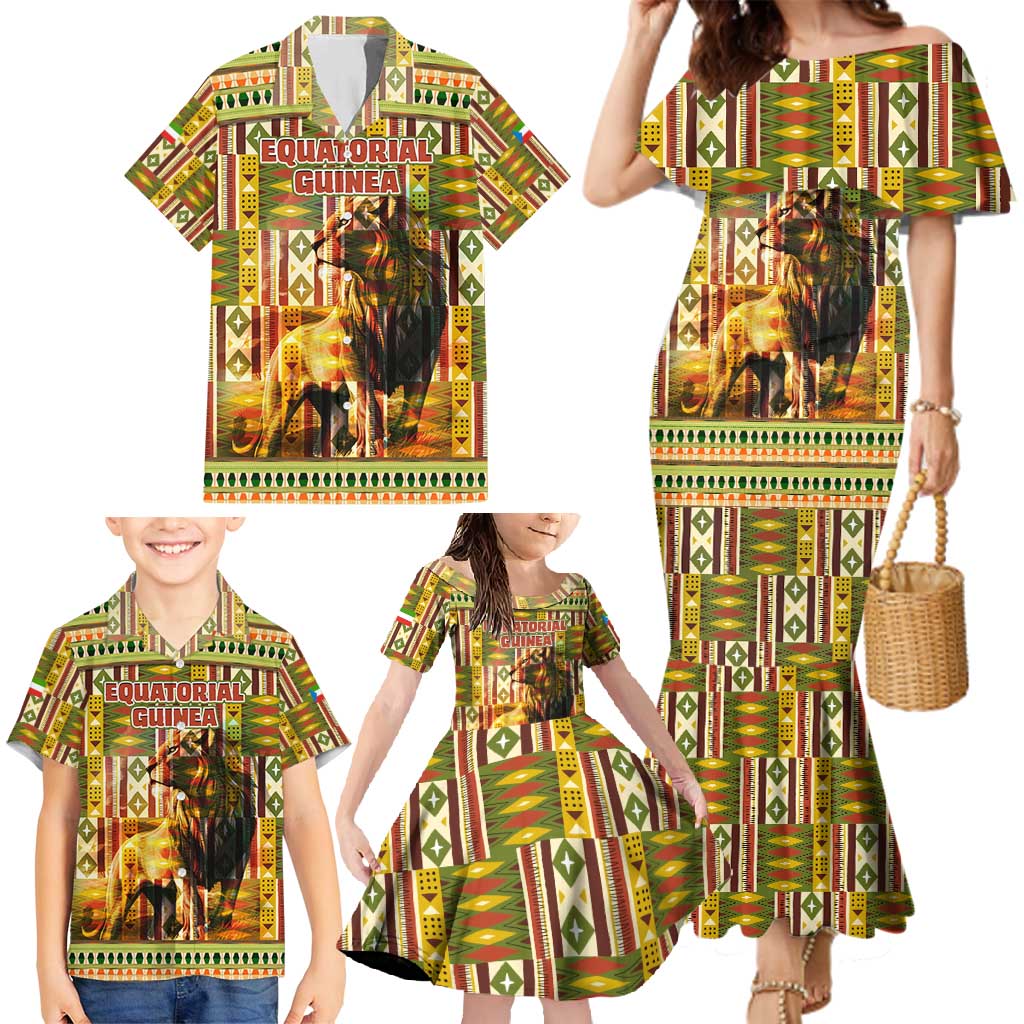 Equatorial Guinea Family Matching Mermaid Dress and Hawaiian Shirt with Lion Print and Traditional African Kente Patterns