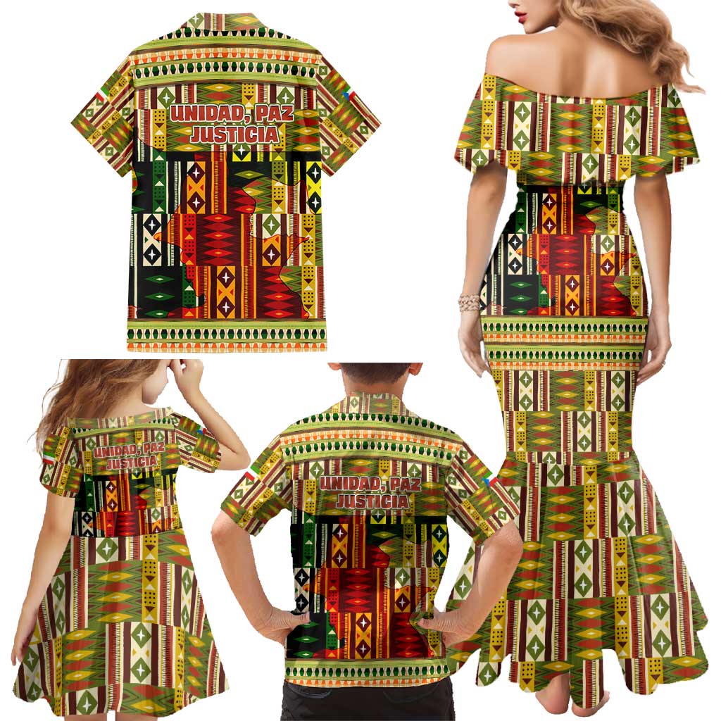 Equatorial Guinea Family Matching Mermaid Dress and Hawaiian Shirt with Lion Print and Traditional African Kente Patterns