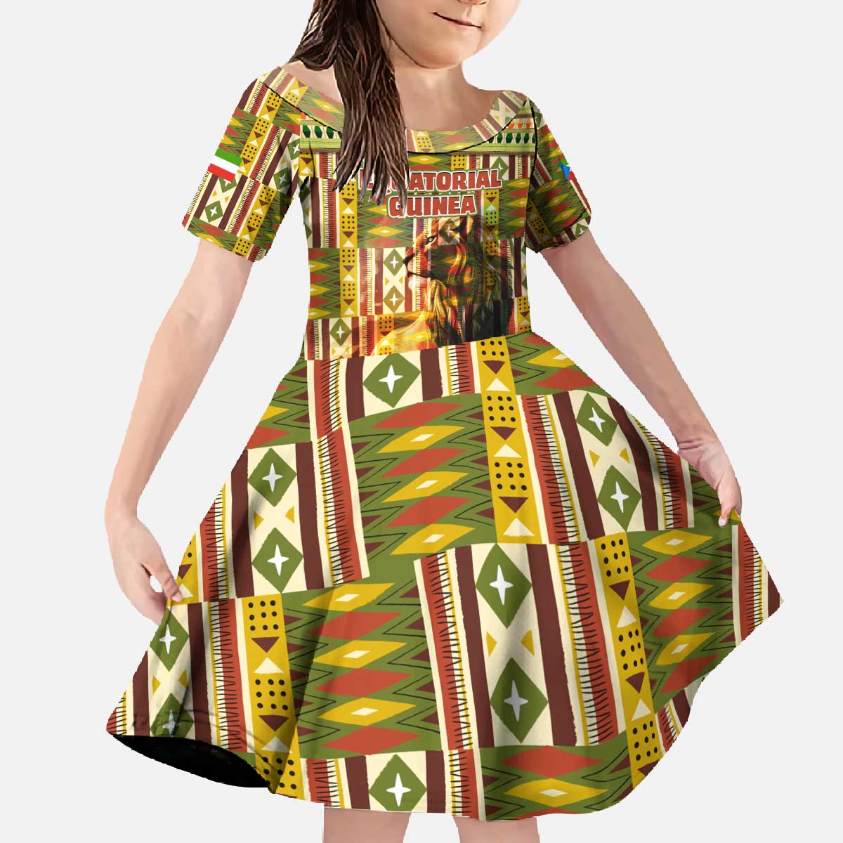 Equatorial Guinea Family Matching Off The Shoulder Long Sleeve Dress and Hawaiian Shirt with Lion Print and Traditional African Kente Patterns