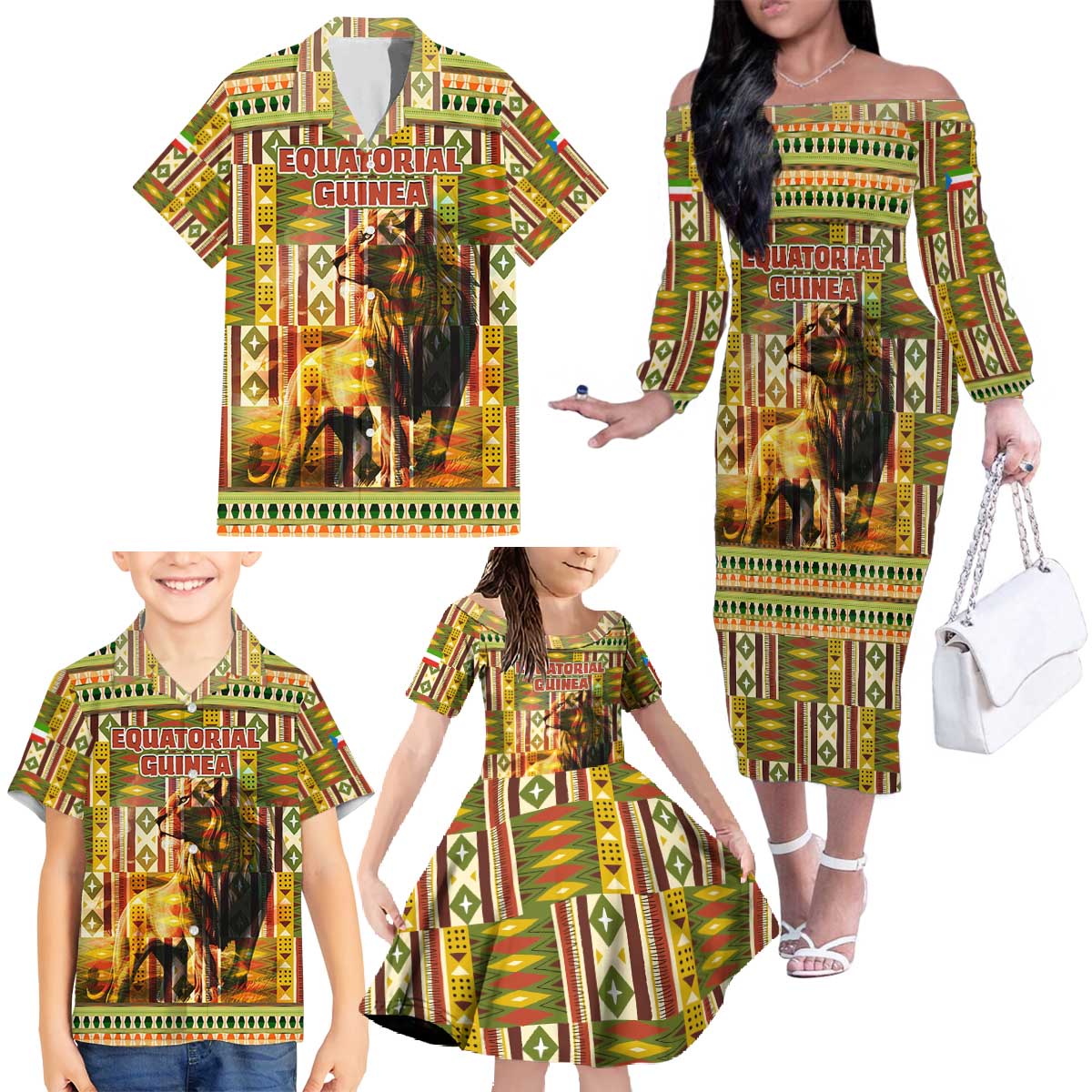 Equatorial Guinea Family Matching Off The Shoulder Long Sleeve Dress and Hawaiian Shirt with Lion Print and Traditional African Kente Patterns