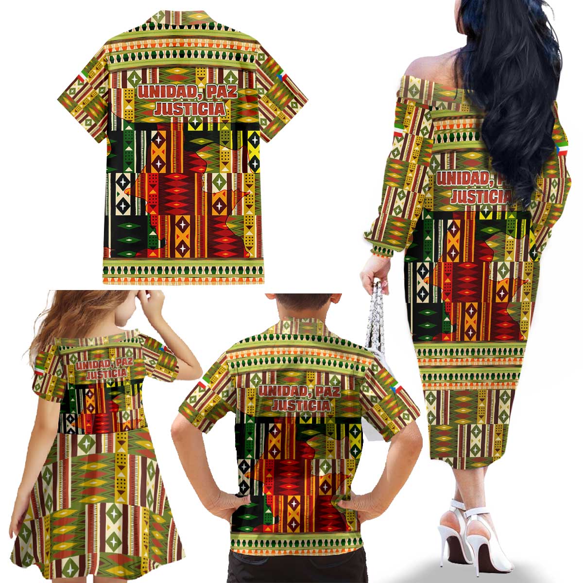 Equatorial Guinea Family Matching Off The Shoulder Long Sleeve Dress and Hawaiian Shirt with Lion Print and Traditional African Kente Patterns