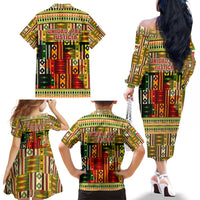 Equatorial Guinea Family Matching Off The Shoulder Long Sleeve Dress and Hawaiian Shirt with Lion Print and Traditional African Kente Patterns