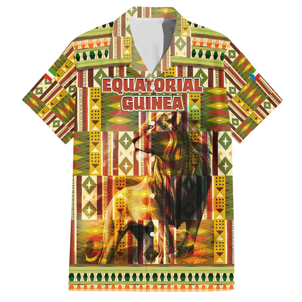 Equatorial Guinea Family Matching Off The Shoulder Long Sleeve Dress and Hawaiian Shirt with Lion Print and Traditional African Kente Patterns