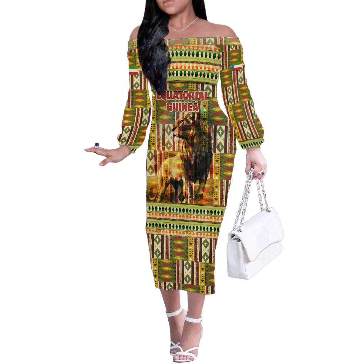 Equatorial Guinea Family Matching Off The Shoulder Long Sleeve Dress and Hawaiian Shirt with Lion Print and Traditional African Kente Patterns