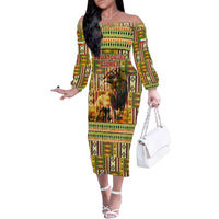 Equatorial Guinea Family Matching Off The Shoulder Long Sleeve Dress and Hawaiian Shirt with Lion Print and Traditional African Kente Patterns
