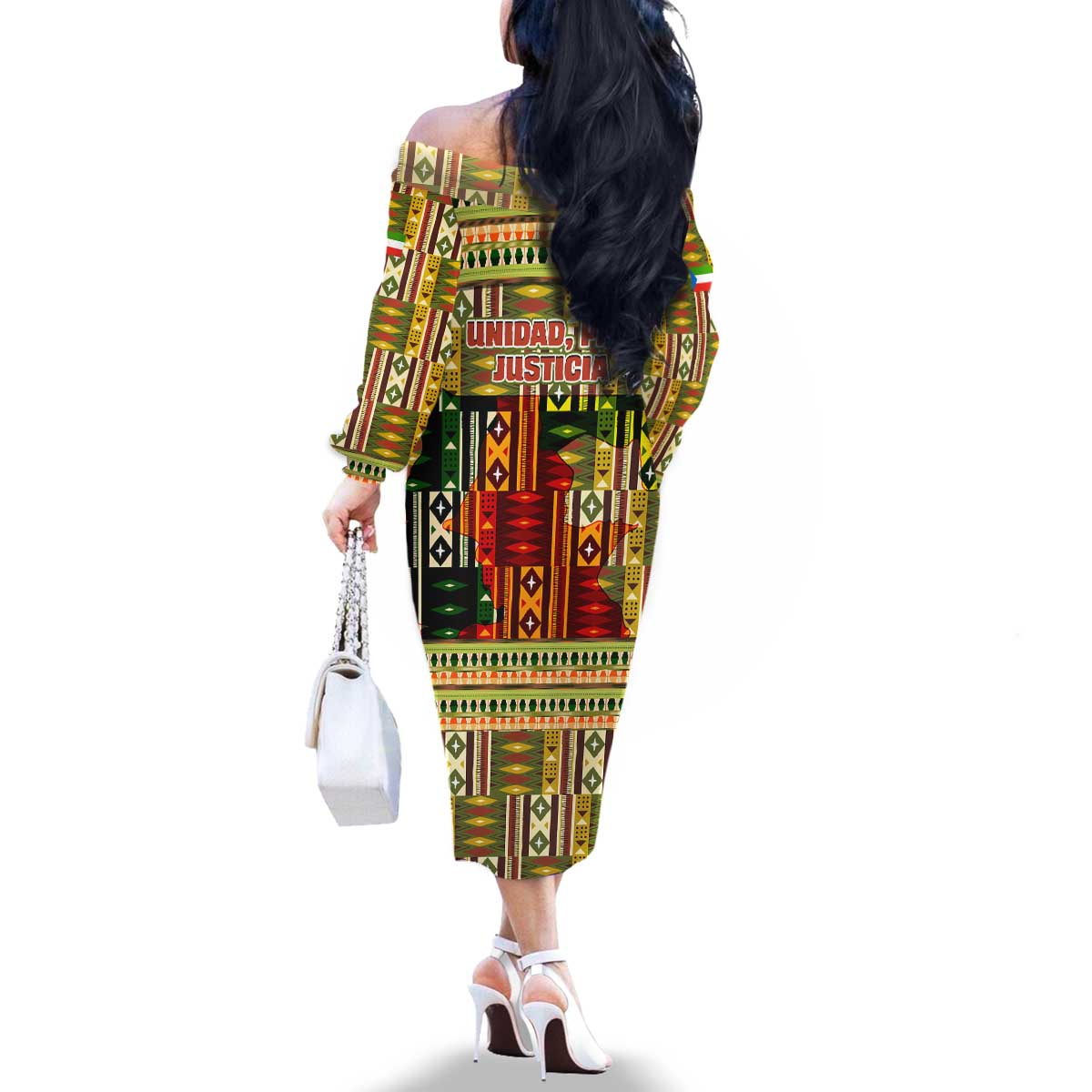 Equatorial Guinea Family Matching Off The Shoulder Long Sleeve Dress and Hawaiian Shirt with Lion Print and Traditional African Kente Patterns