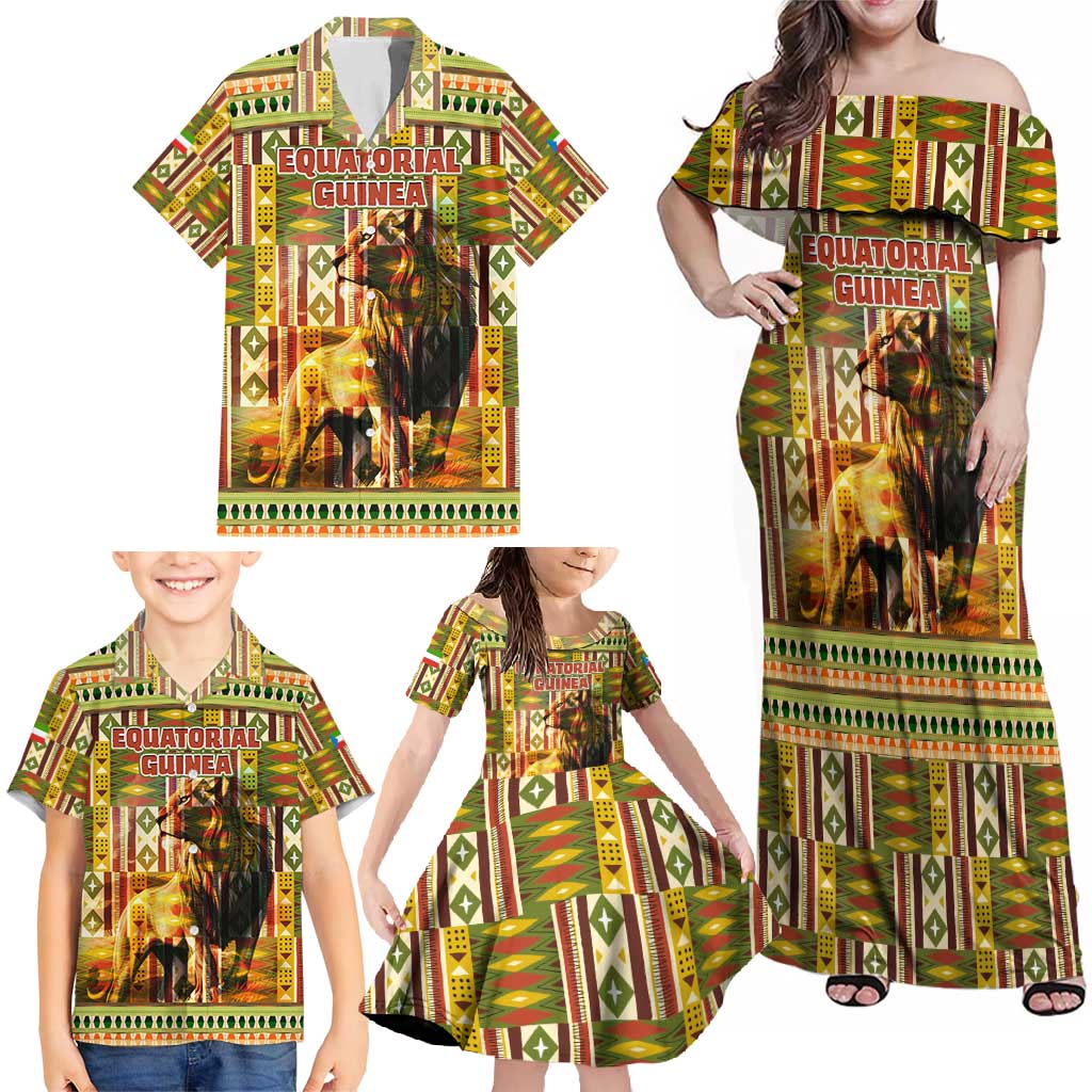 Equatorial Guinea Family Matching Off Shoulder Maxi Dress and Hawaiian Shirt with Lion Print and Traditional African Kente Patterns