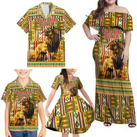Equatorial Guinea Family Matching Off Shoulder Maxi Dress and Hawaiian Shirt with Lion Print and Traditional African Kente Patterns