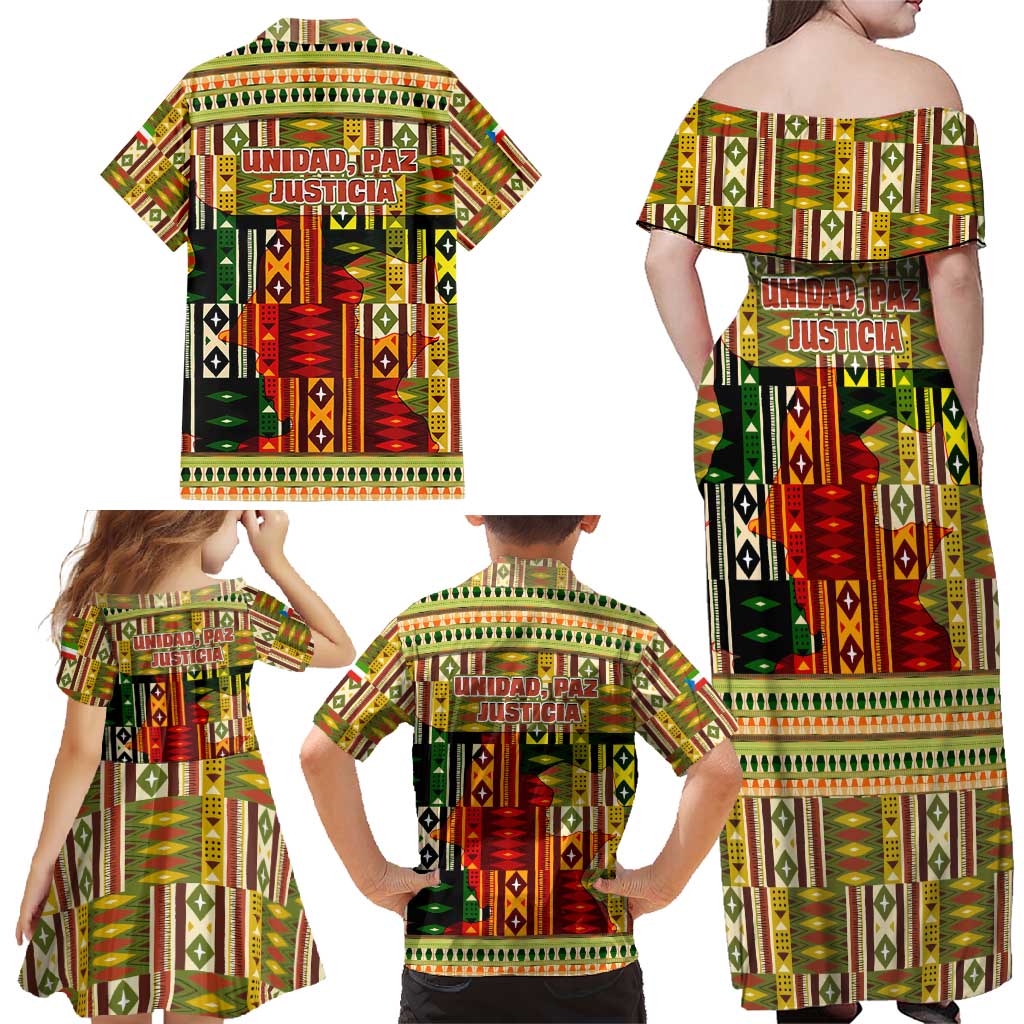 Equatorial Guinea Family Matching Off Shoulder Maxi Dress and Hawaiian Shirt with Lion Print and Traditional African Kente Patterns