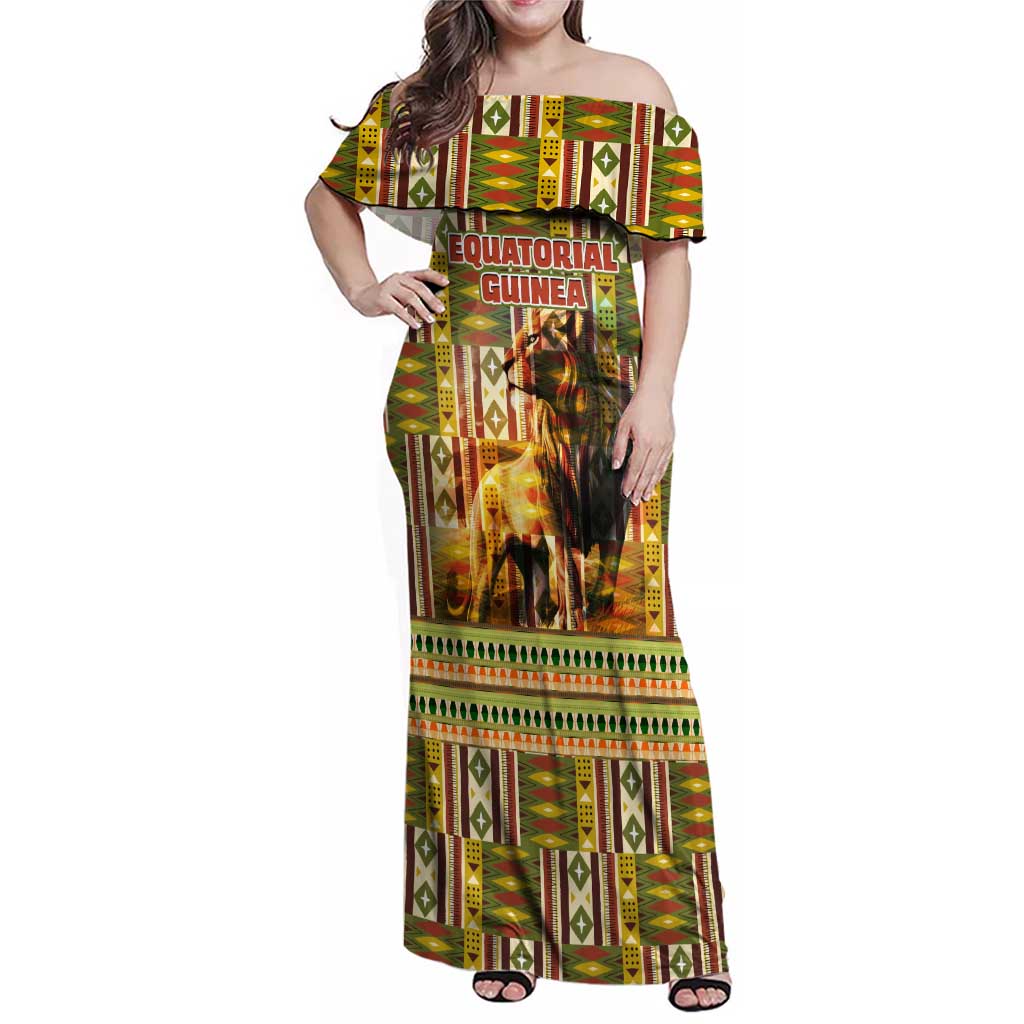 Equatorial Guinea Family Matching Off Shoulder Maxi Dress and Hawaiian Shirt with Lion Print and Traditional African Kente Patterns