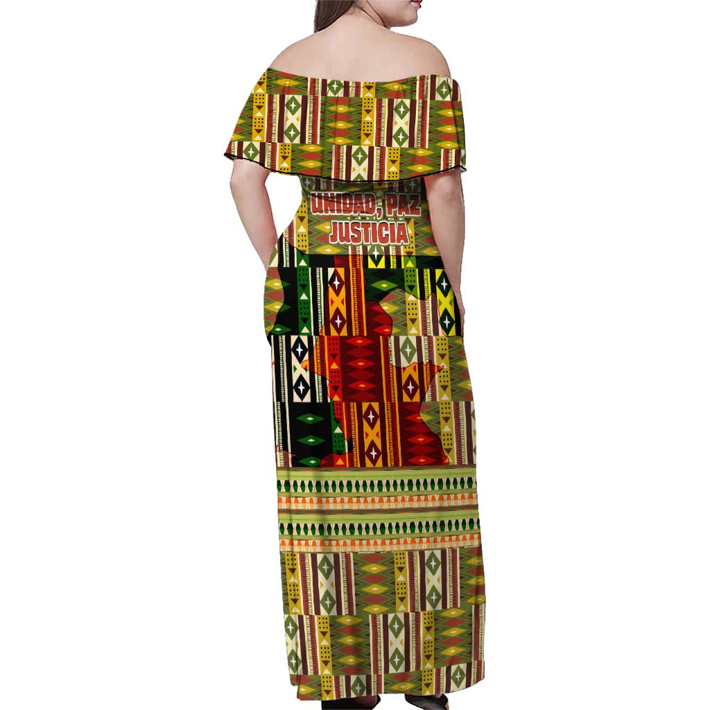 Equatorial Guinea Family Matching Off Shoulder Maxi Dress and Hawaiian Shirt with Lion Print and Traditional African Kente Patterns