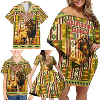 Equatorial Guinea Family Matching Off Shoulder Short Dress and Hawaiian Shirt with Lion Print and Traditional African Kente Patterns
