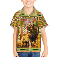 Equatorial Guinea Family Matching Off Shoulder Short Dress and Hawaiian Shirt with Lion Print and Traditional African Kente Patterns