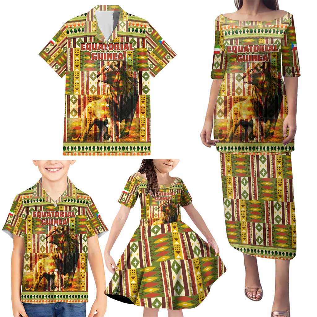 Equatorial Guinea Family Matching Puletasi and Hawaiian Shirt with Lion Print and Traditional African Kente Patterns