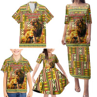Equatorial Guinea Family Matching Puletasi and Hawaiian Shirt with Lion Print and Traditional African Kente Patterns