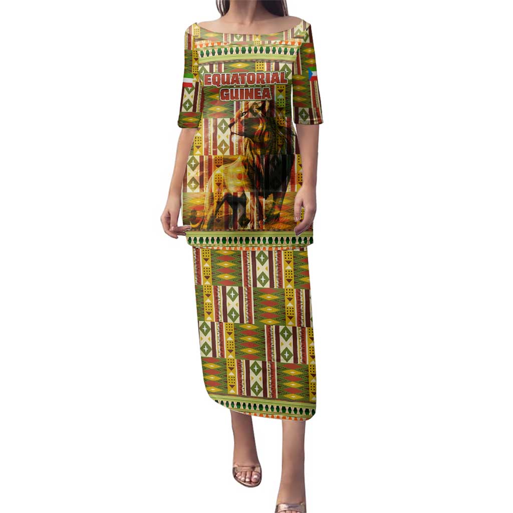 Equatorial Guinea Family Matching Puletasi and Hawaiian Shirt with Lion Print and Traditional African Kente Patterns