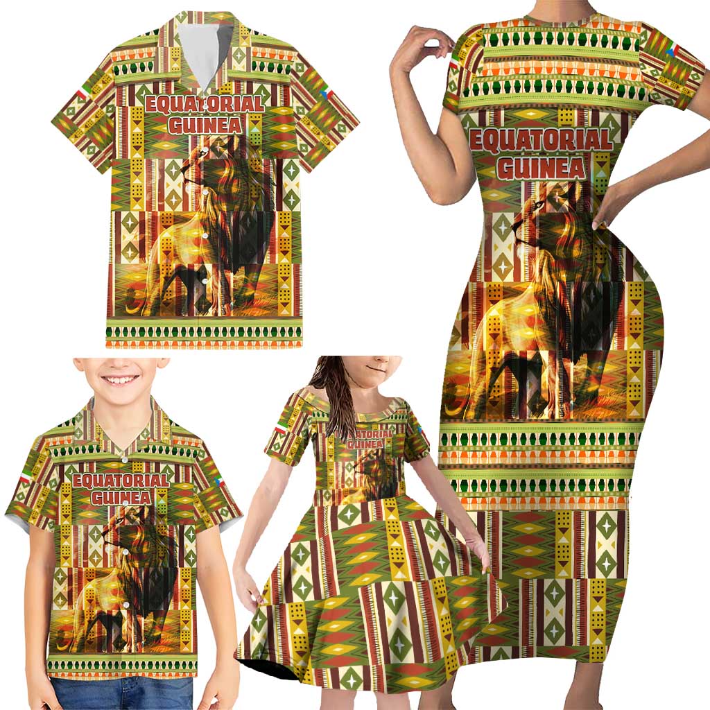 Equatorial Guinea Family Matching Short Sleeve Bodycon Dress and Hawaiian Shirt with Lion Print and Traditional African Kente Patterns