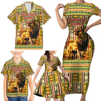 Equatorial Guinea Family Matching Short Sleeve Bodycon Dress and Hawaiian Shirt with Lion Print and Traditional African Kente Patterns