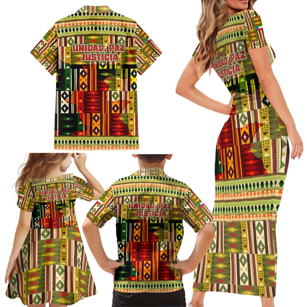 Equatorial Guinea Family Matching Short Sleeve Bodycon Dress and Hawaiian Shirt with Lion Print and Traditional African Kente Patterns