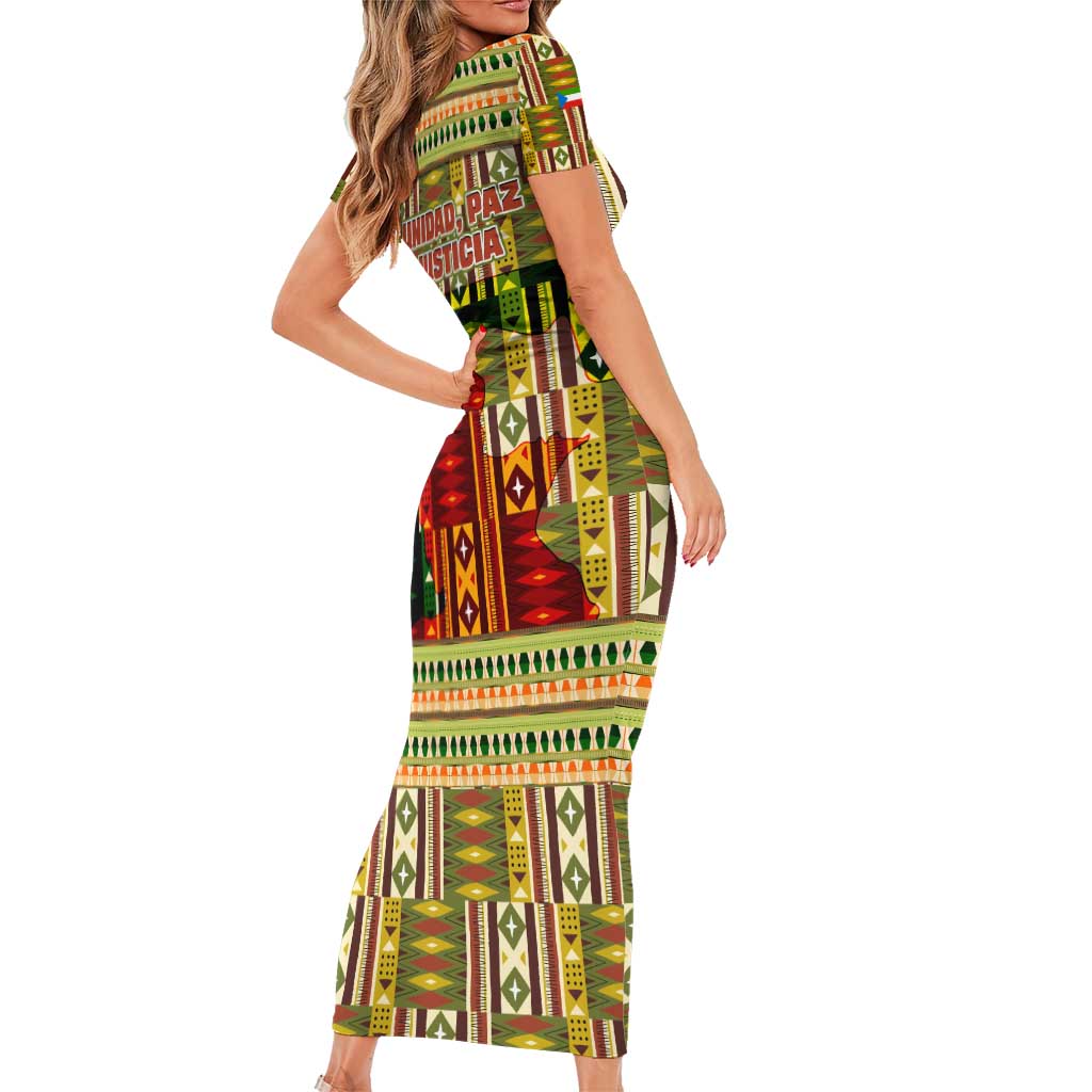 Equatorial Guinea Family Matching Short Sleeve Bodycon Dress and Hawaiian Shirt with Lion Print and Traditional African Kente Patterns