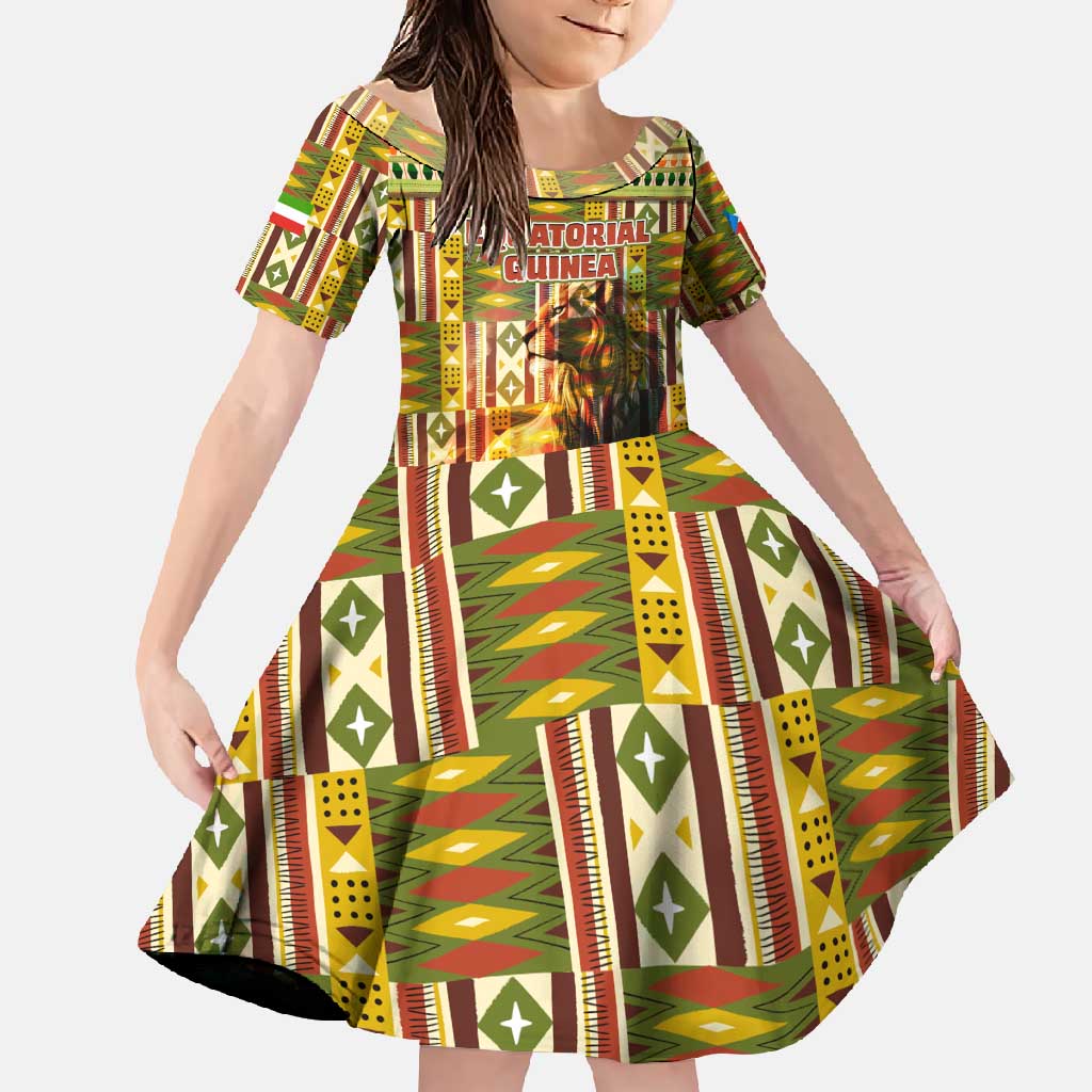 Equatorial Guinea Family Matching Summer Maxi Dress and Hawaiian Shirt with Lion Print and Traditional African Kente Patterns