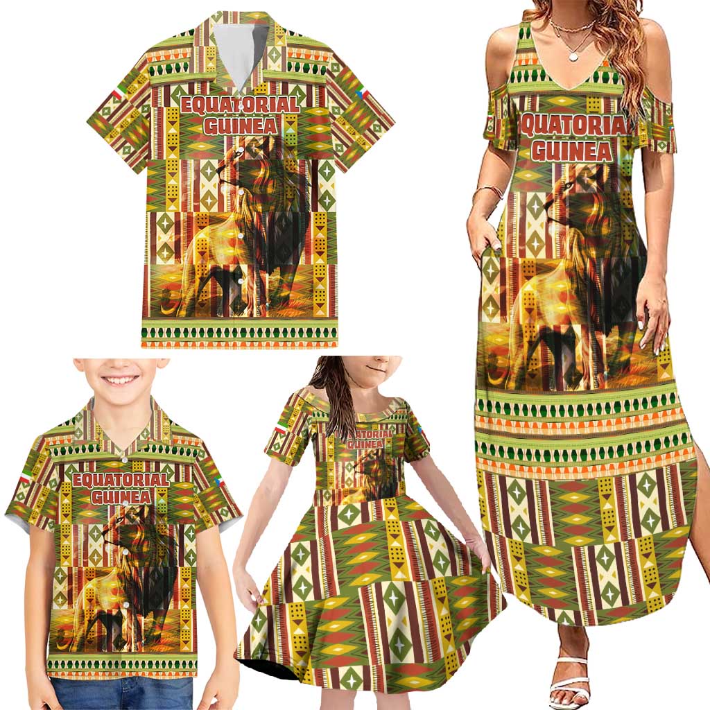 Equatorial Guinea Family Matching Summer Maxi Dress and Hawaiian Shirt with Lion Print and Traditional African Kente Patterns