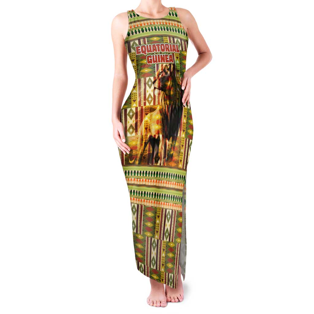Equatorial Guinea Family Matching Tank Maxi Dress and Hawaiian Shirt with Lion Print and Traditional African Kente Patterns