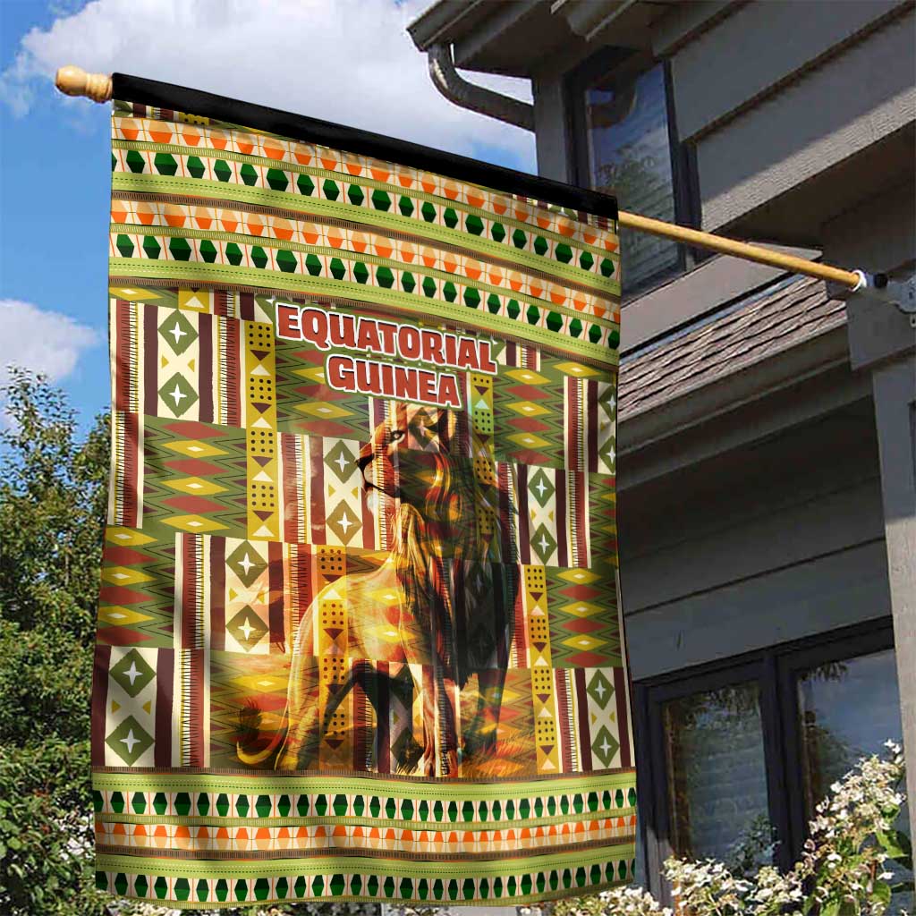 Equatorial Guinea Garden Flag with Lion Print and Traditional African Kente Patterns