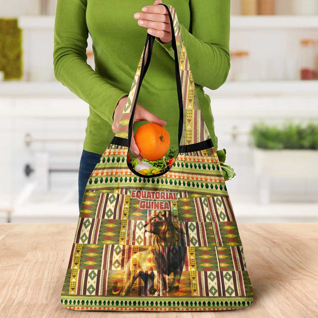 Equatorial Guinea Grocery Bag with Lion Print and Traditional African Kente Patterns