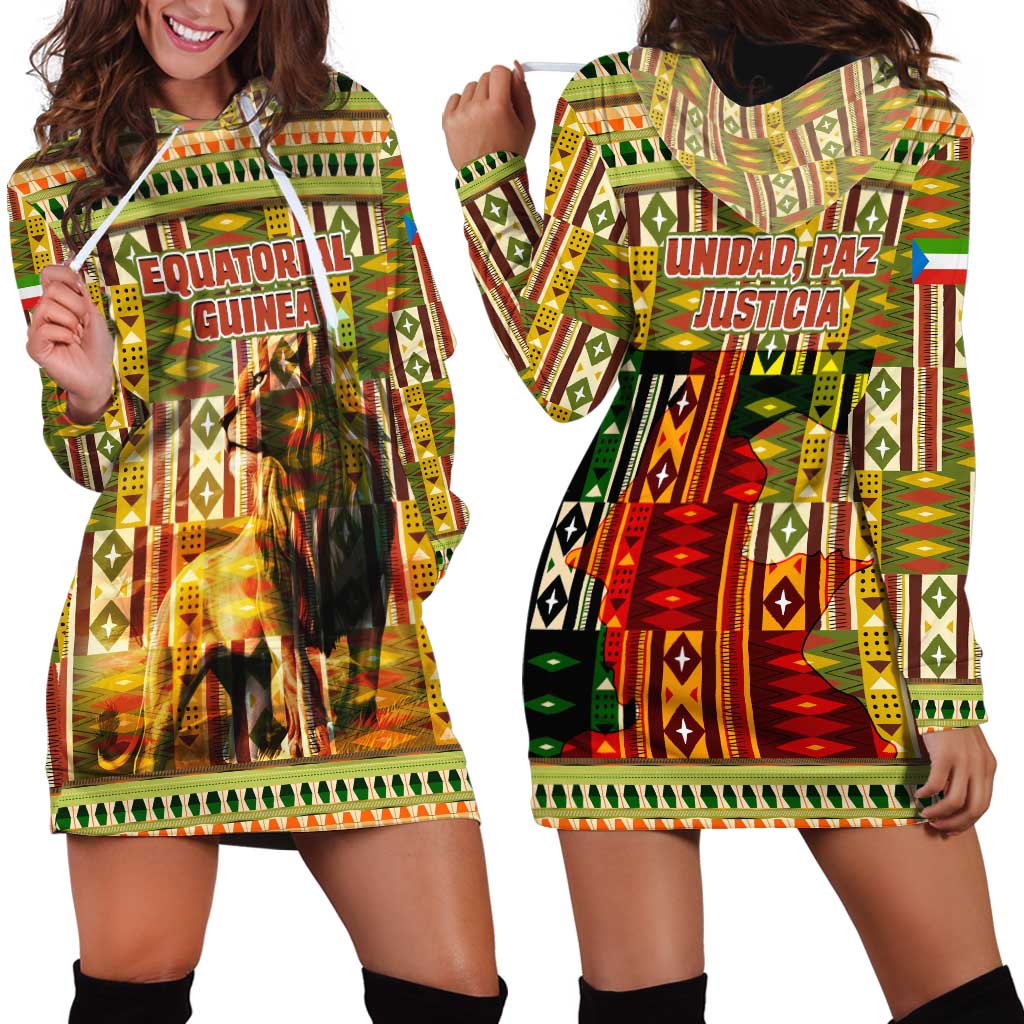 Equatorial Guinea Hoodie Dress with Lion Print and Traditional African Kente Patterns