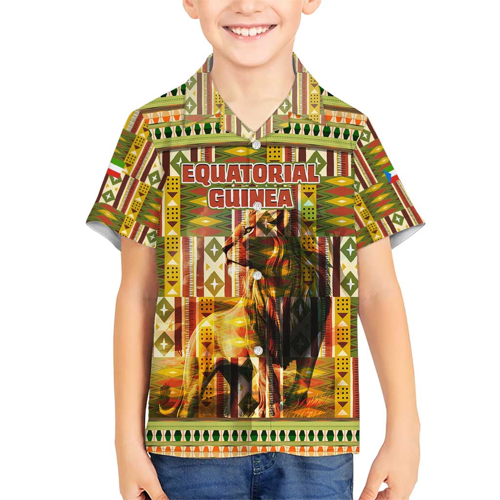 Equatorial Guinea Kid Hawaiian Shirt with Lion Print and Traditional African Kente Patterns