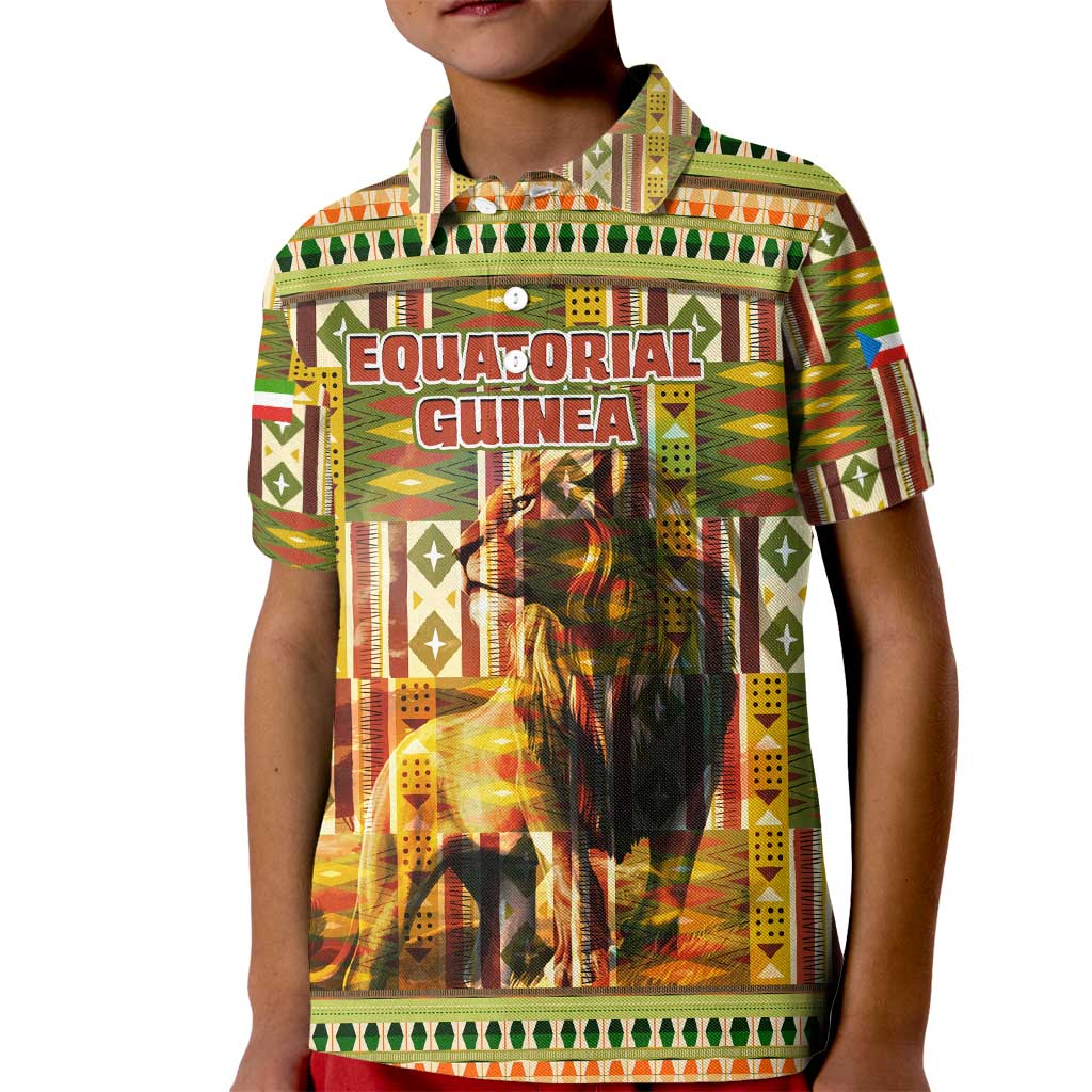 Equatorial Guinea Kid Polo Shirt with Lion Print and Traditional African Kente Patterns