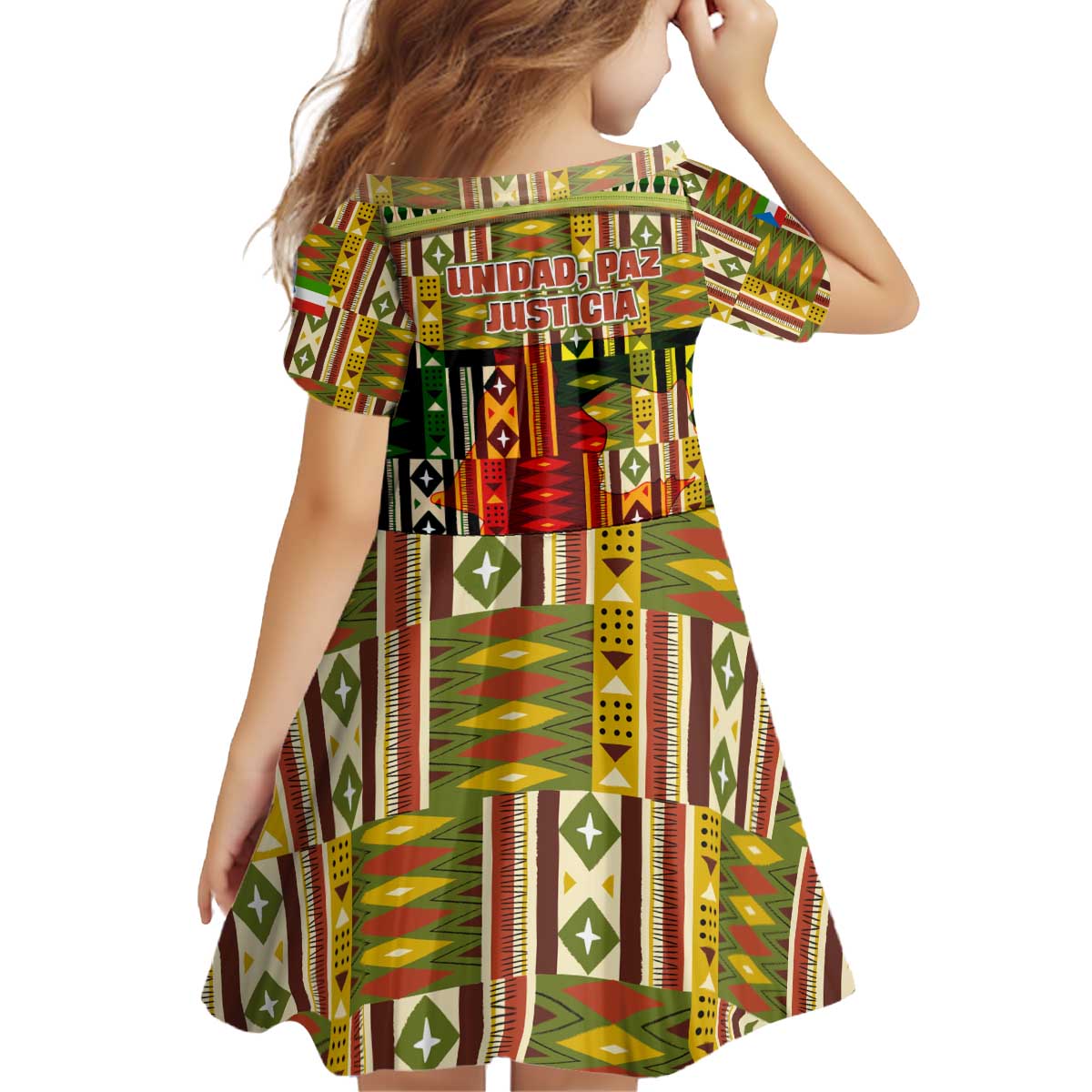 Equatorial Guinea Kid Short Sleeve Dress with Lion Print and Traditional African Kente Patterns