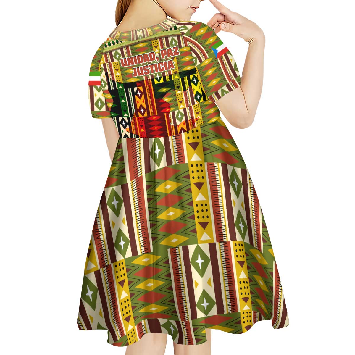 Equatorial Guinea Kid Short Sleeve Dress with Lion Print and Traditional African Kente Patterns