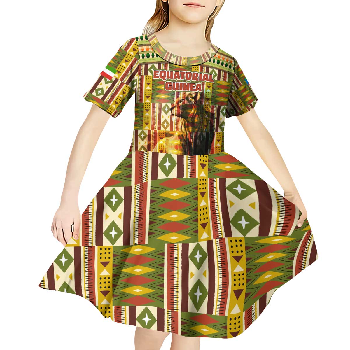 Equatorial Guinea Kid Short Sleeve Dress with Lion Print and Traditional African Kente Patterns