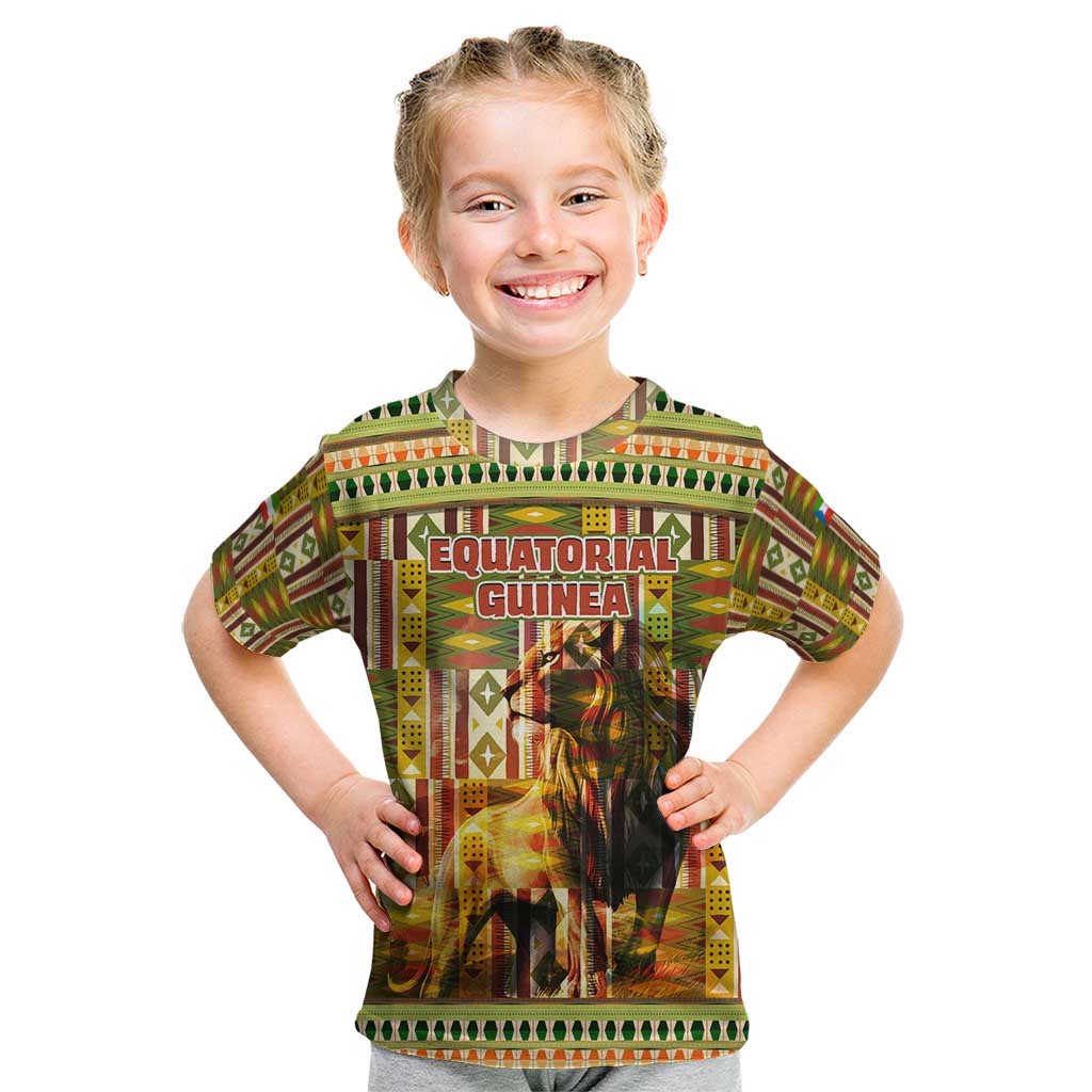 Equatorial Guinea Kid T Shirt with Lion Print and Traditional African Kente Patterns