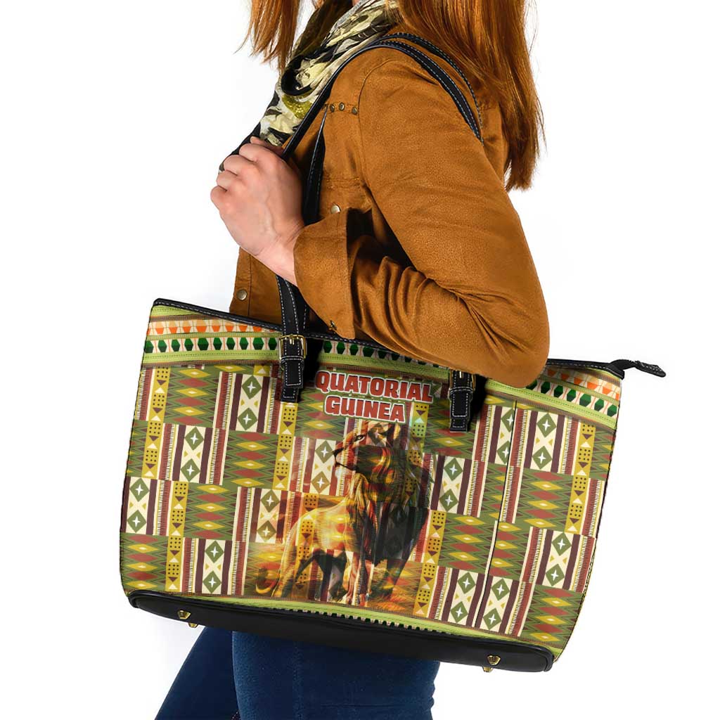 Equatorial Guinea Leather Tote Bag with Lion Print and Traditional African Kente Patterns