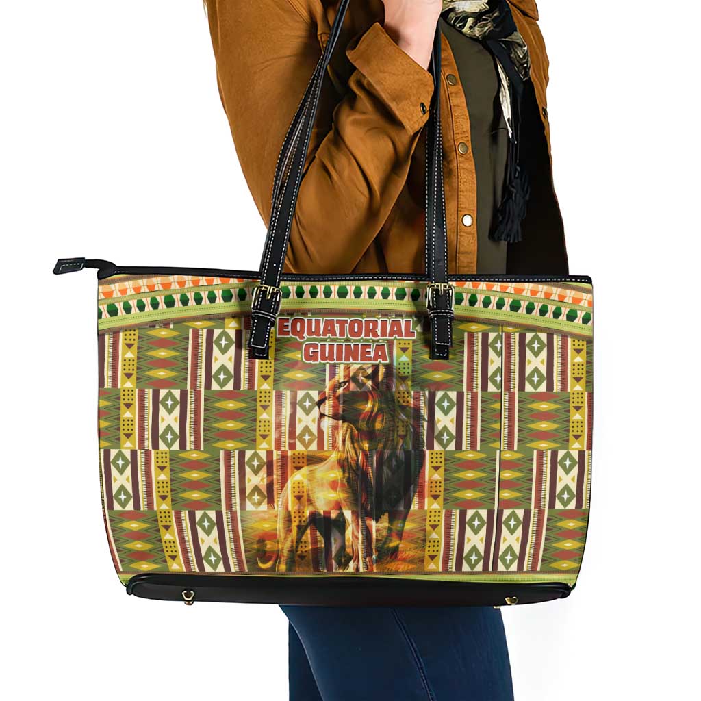 Equatorial Guinea Leather Tote Bag with Lion Print and Traditional African Kente Patterns