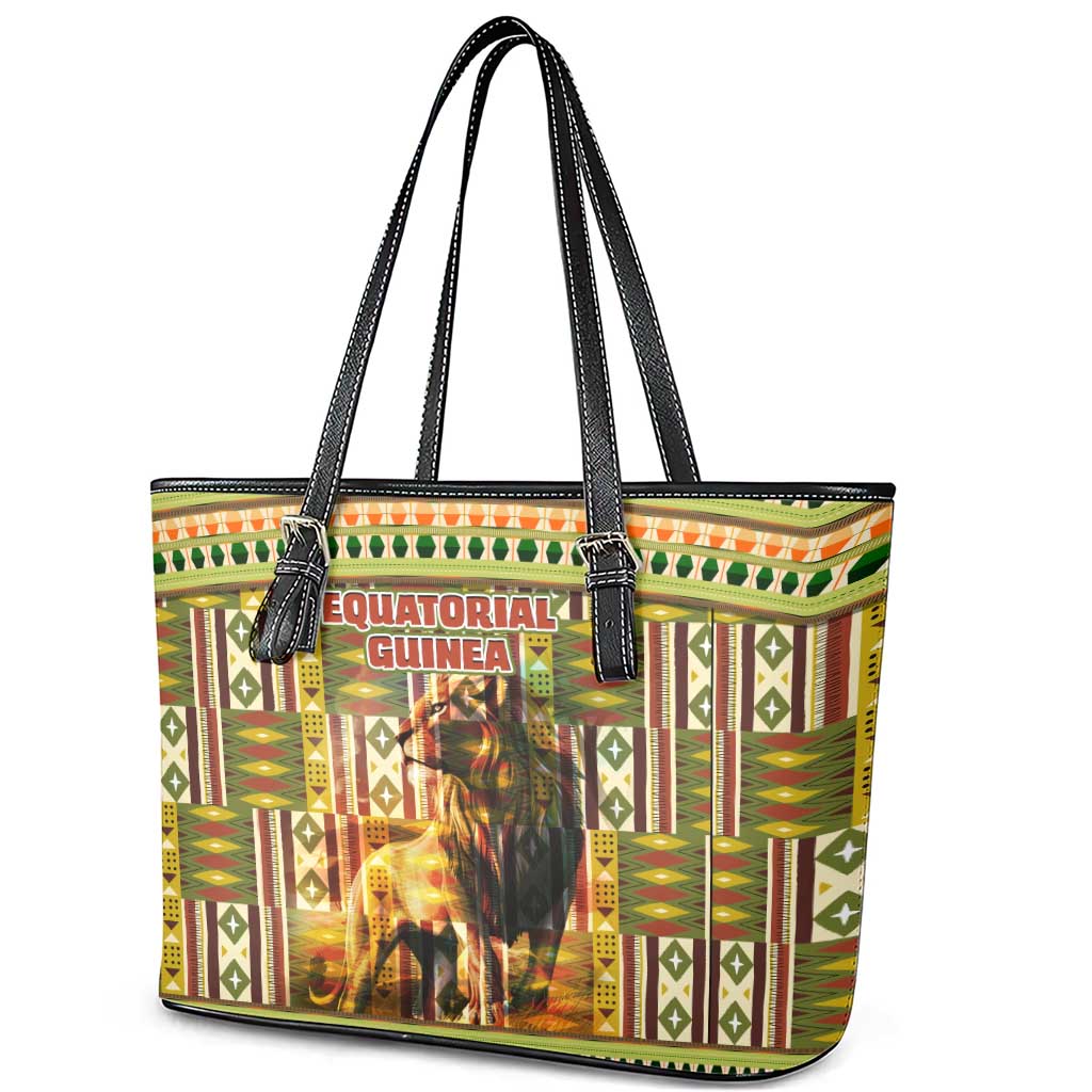 Equatorial Guinea Leather Tote Bag with Lion Print and Traditional African Kente Patterns