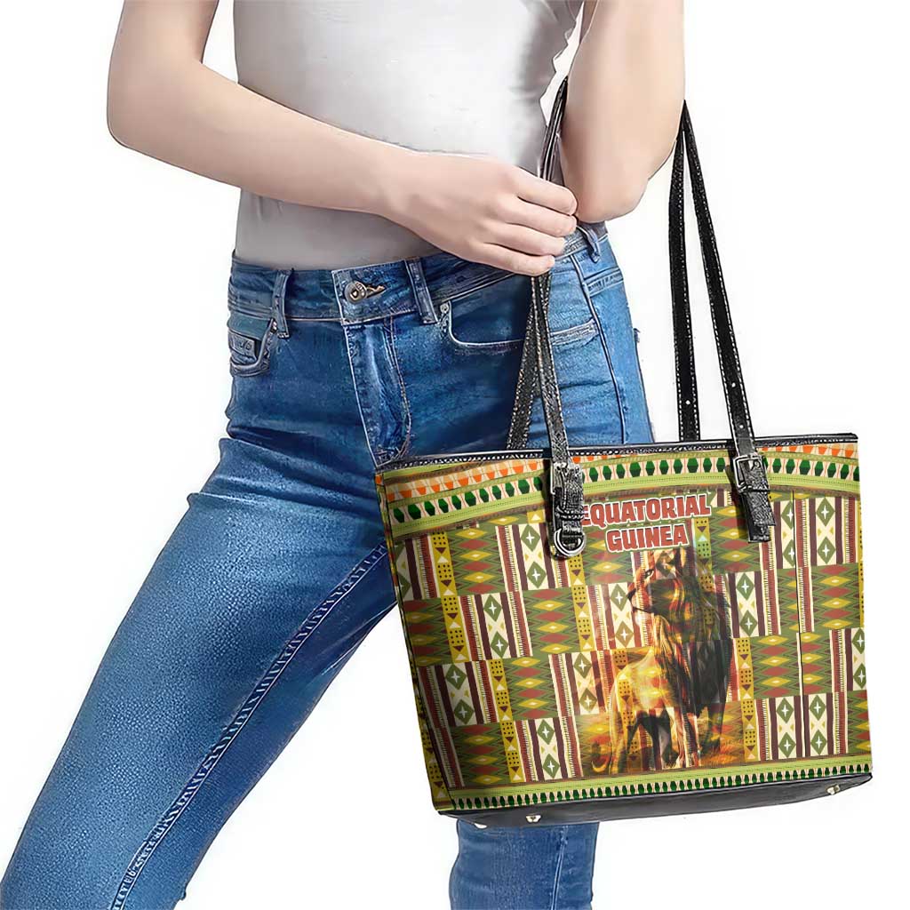 Equatorial Guinea Leather Tote Bag with Lion Print and Traditional African Kente Patterns