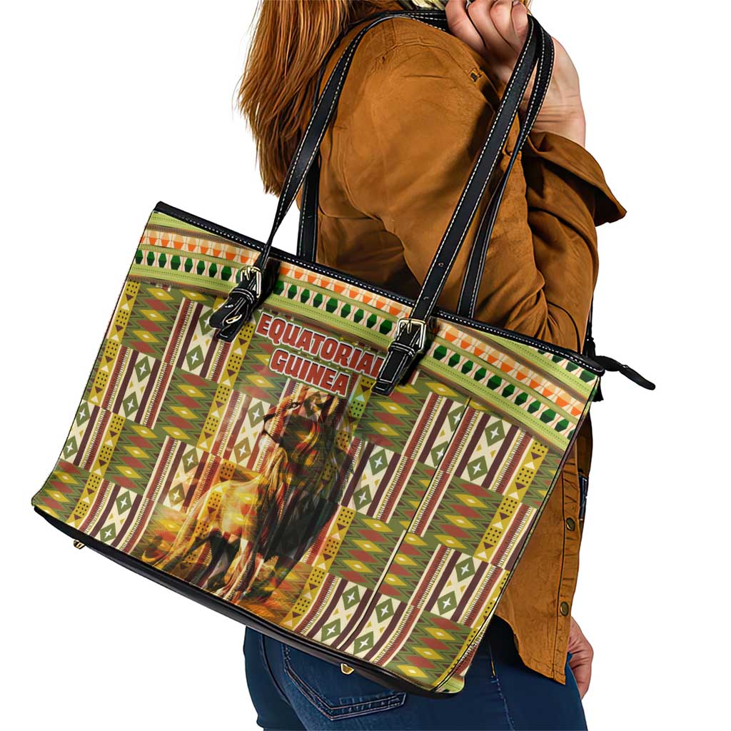 Equatorial Guinea Leather Tote Bag with Lion Print and Traditional African Kente Patterns