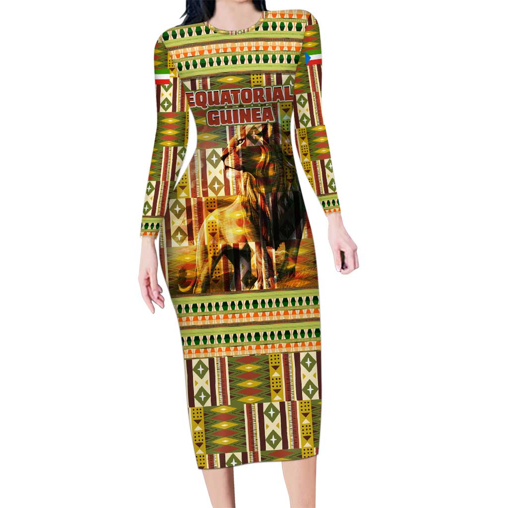 Equatorial Guinea Long Sleeve Bodycon Dress with Lion Print and Traditional African Kente Patterns