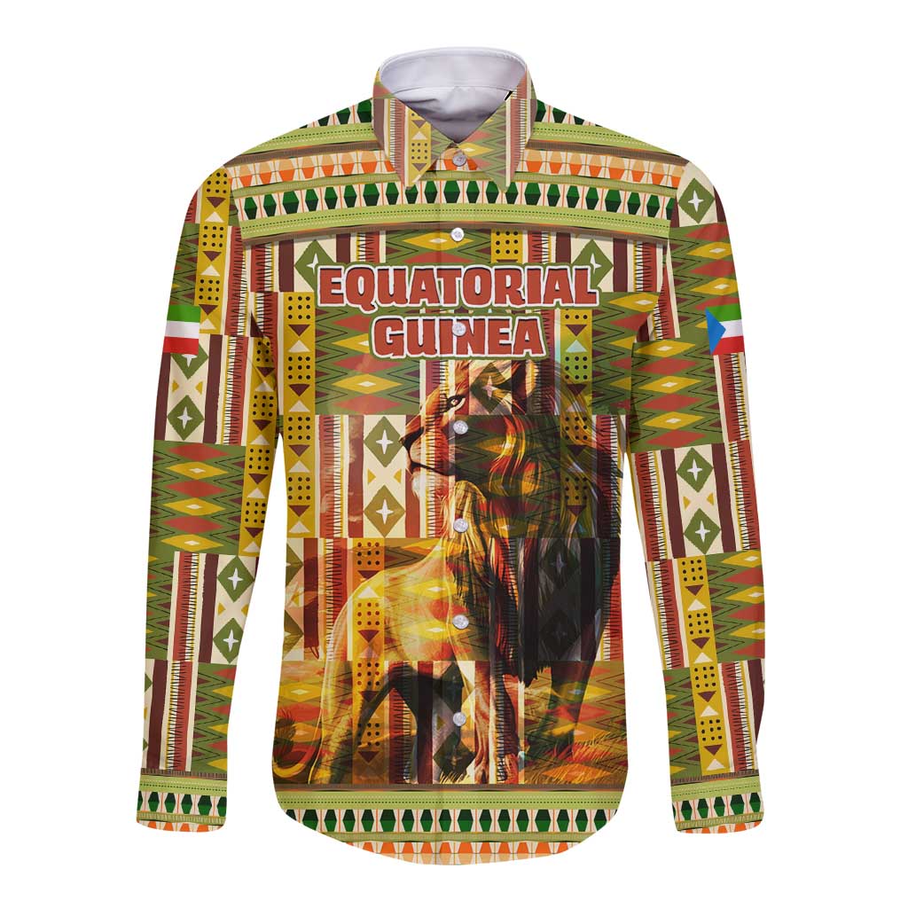 Equatorial Guinea Long Sleeve Button Shirt with Lion Print and Traditional African Kente Patterns