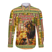 Equatorial Guinea Long Sleeve Button Shirt with Lion Print and Traditional African Kente Patterns