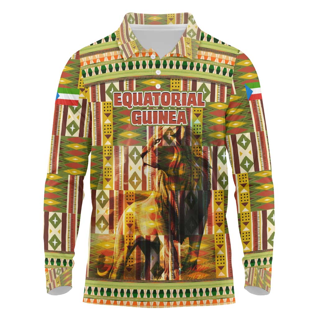 Equatorial Guinea Long Sleeve Polo Shirt with Lion Print and Traditional African Kente Patterns