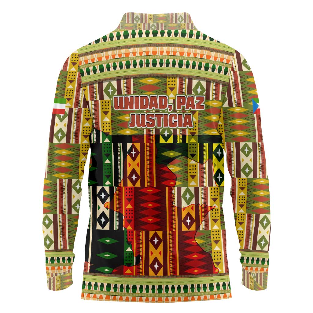 Equatorial Guinea Long Sleeve Polo Shirt with Lion Print and Traditional African Kente Patterns
