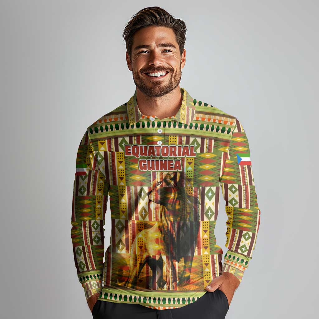 Equatorial Guinea Long Sleeve Polo Shirt with Lion Print and Traditional African Kente Patterns