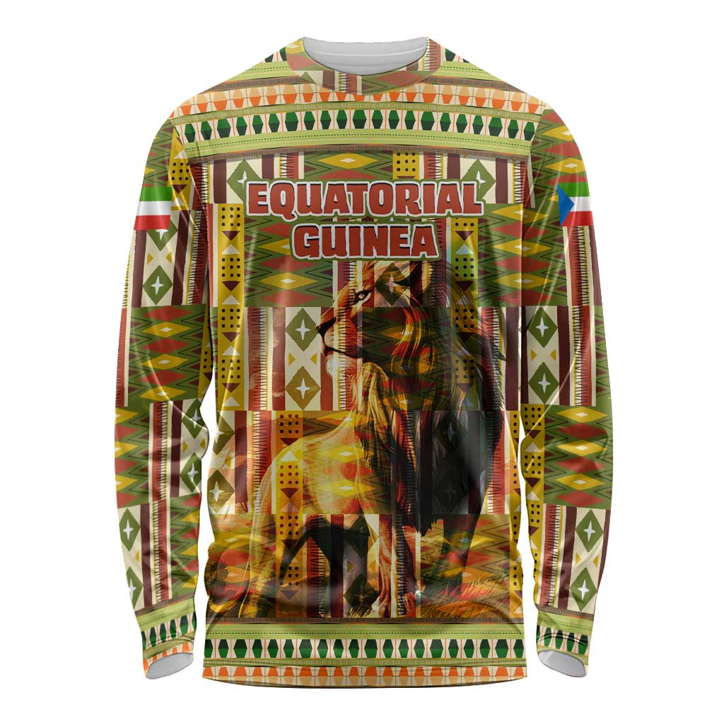 Equatorial Guinea Long Sleeve Shirt with Lion Print and Traditional African Kente Patterns